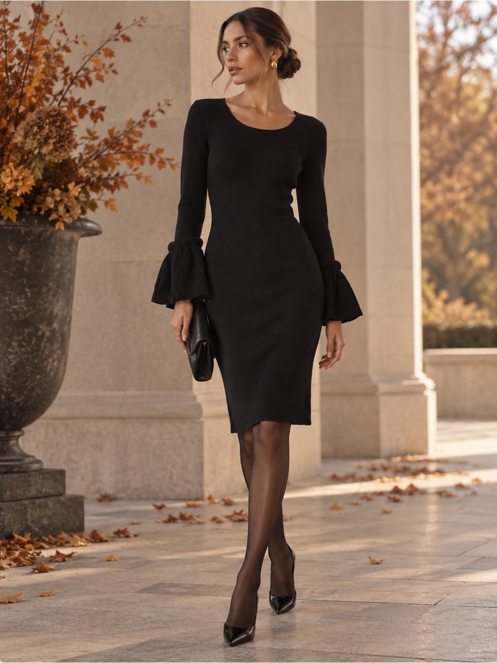 Nina Leonard Ribbed Knit Bell Sleeve Sheath Dress Large NWOT 90s Minimalist